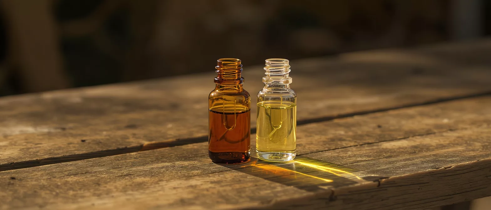 Two dropper bottles of essential oil on a rustic wooden table in sunlight.