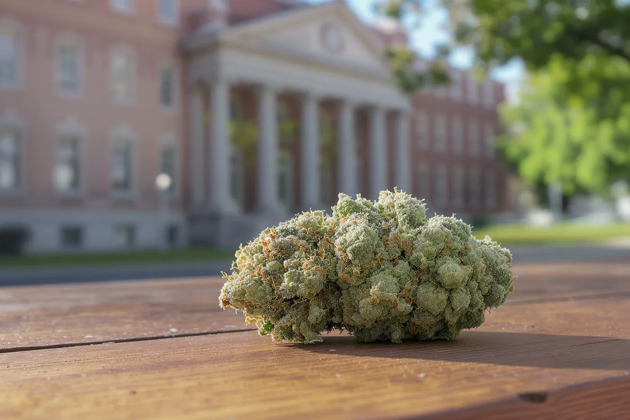 Close-up of a large, frosty cannabis bud on a wooden table with a university building in the background.