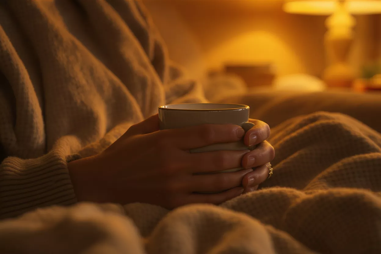Close-up of hands holding a warm mug in a cozy, dimly lit setting.