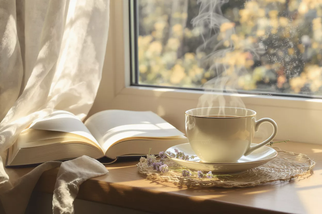 Steaming cup of tea, open book, and lavender on a sunlit windowsill.