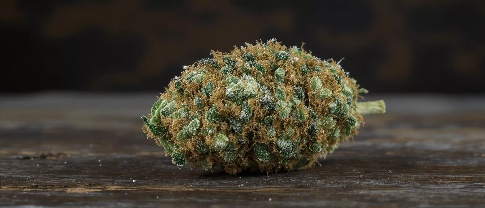 Close-up of a vibrant green and orange cannabis bud covered in trichomes.