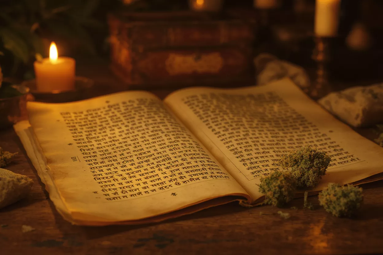Un libro antiguo abierto con cogollos de cannabis y velas encendidas sobre una mesa de madera.