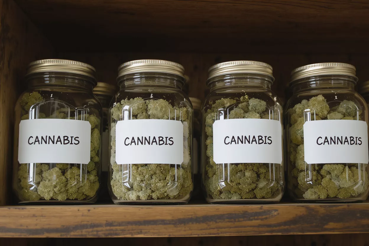 Cuatro frascos de vidrio etiquetados 'CANNABIS' llenos de cogollos verdes en un estante de madera.