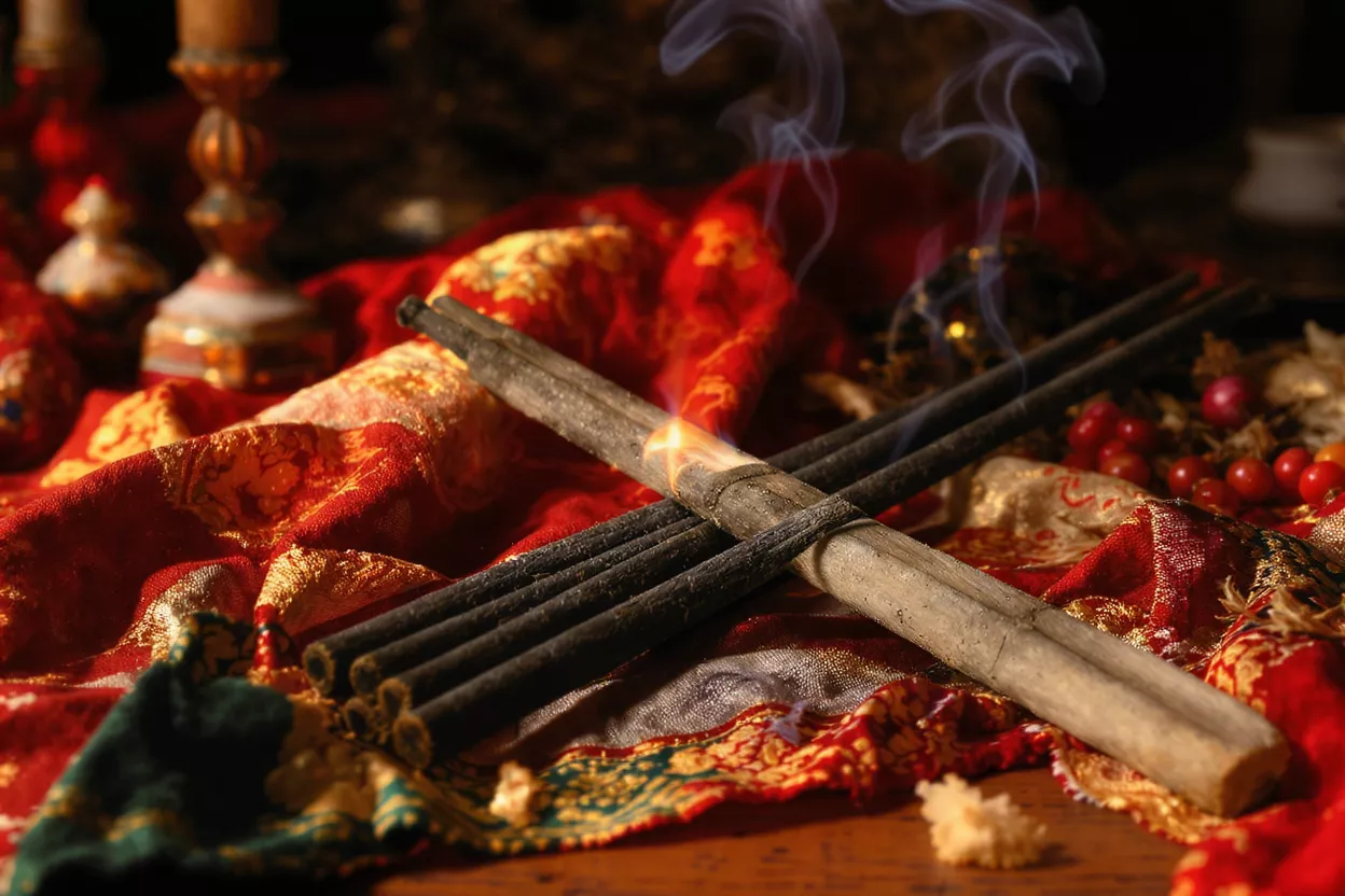 Inciensos ardiendo con humo sobre tela roja y dorada ornamentada, entorno ceremonial.