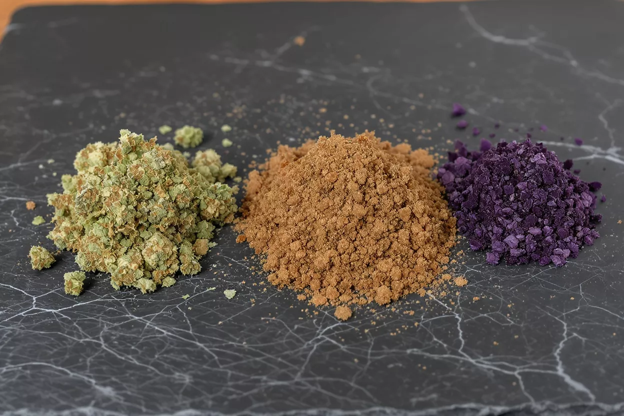 Tres montones distintos de polvos: verde, marrón y morado, sobre una superficie de pizarra oscura.