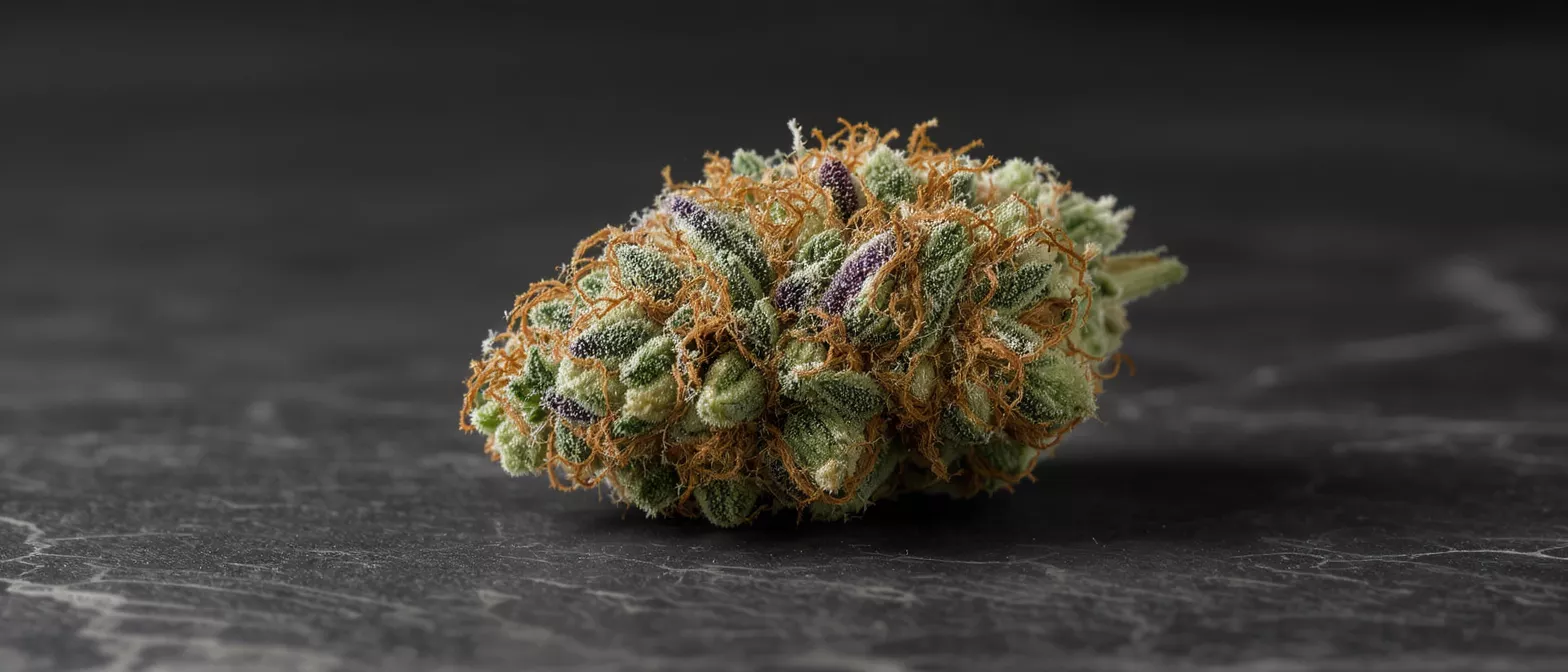 Close-up of a vibrant cannabis bud with orange hairs and purple hues.