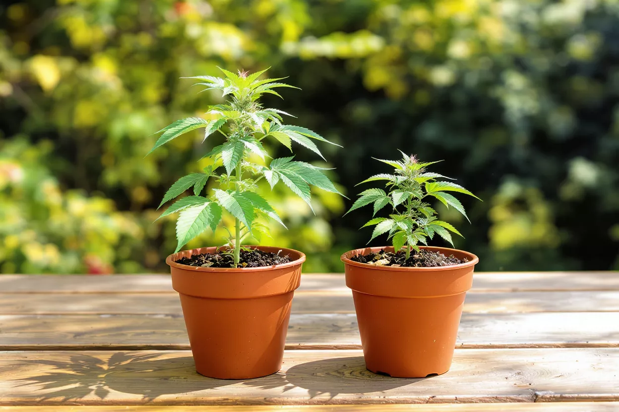 Two potted cannabis plants, one larger than the other, on a wooden surface outdoors.