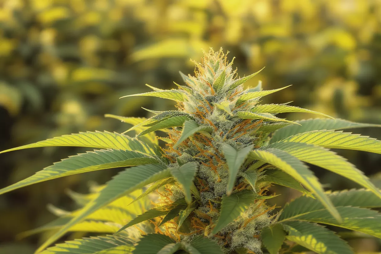 Close-up of a vibrant cannabis bud with green leaves and orange pistils.