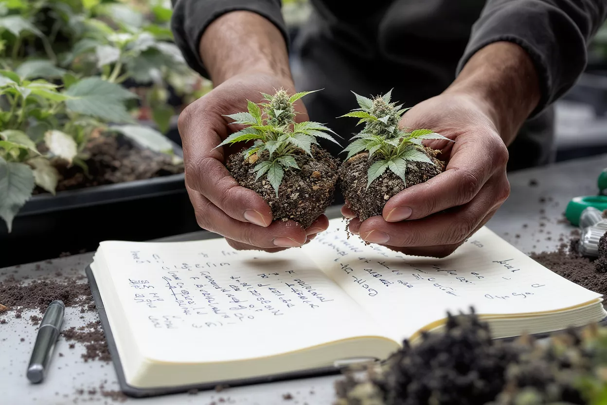 Hands holding two cannabis seedlings with roots and soil, above a notebook.