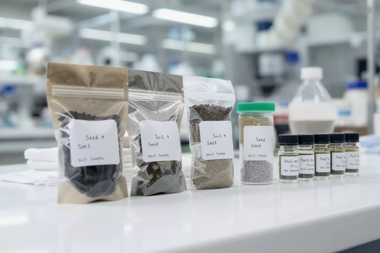 Various labeled soil and seed samples in bags and vials on a lab bench.