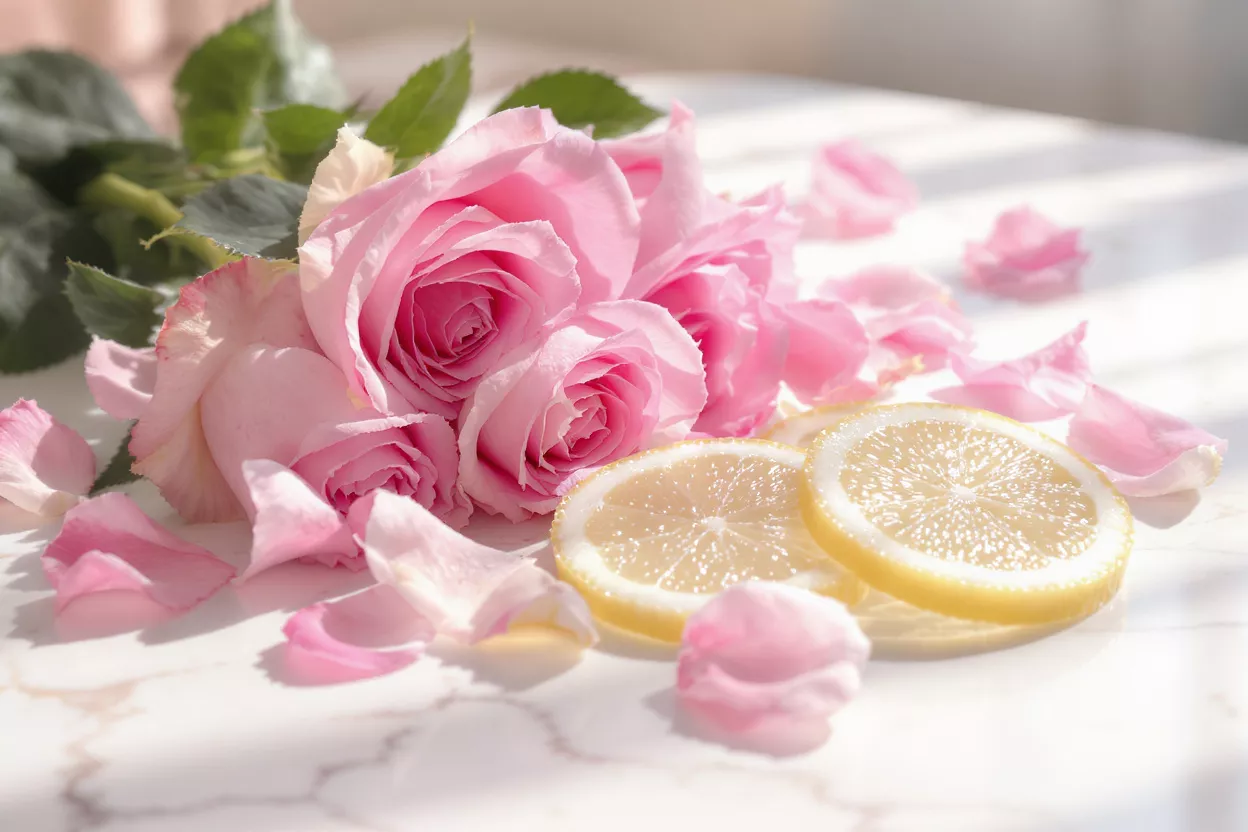 Pink roses, petals, and lemon slices on a white marble surface with sunlight.