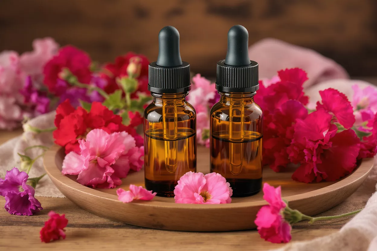 Two amber dropper bottles of essential oil surrounded by pink and red flowers.