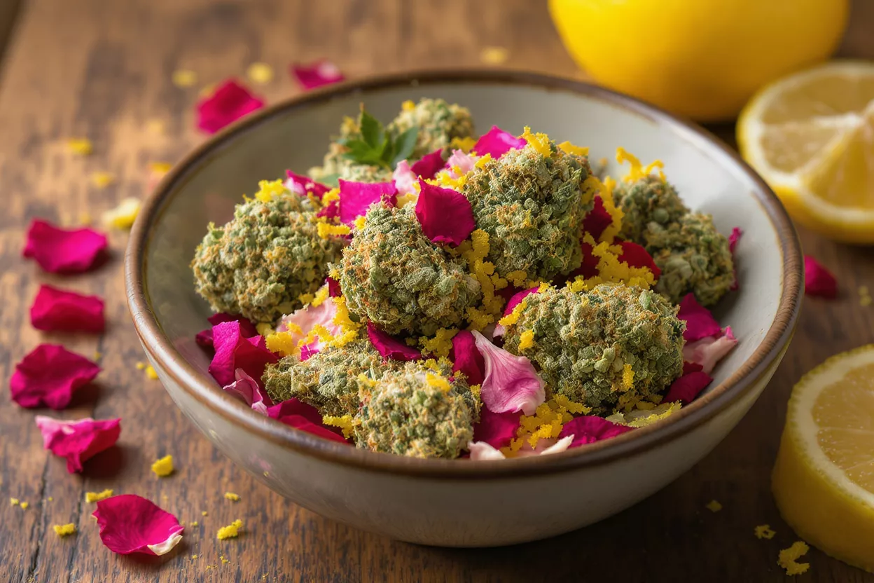 Cannabis buds, rose petals, and lemon zest in a bowl on a wooden table.