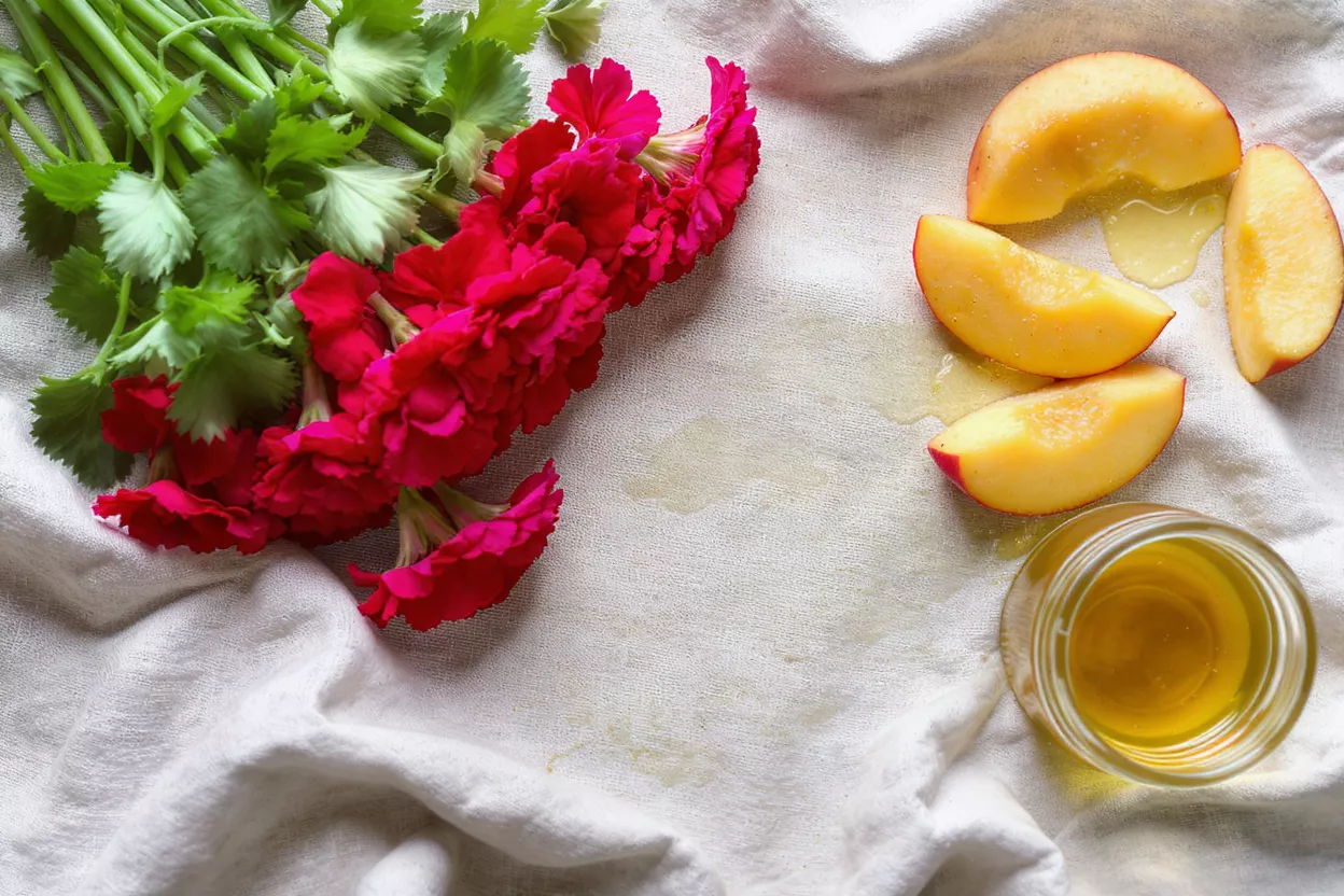 Sliced peaches with honey, red flowers, and green herbs on a white cloth.