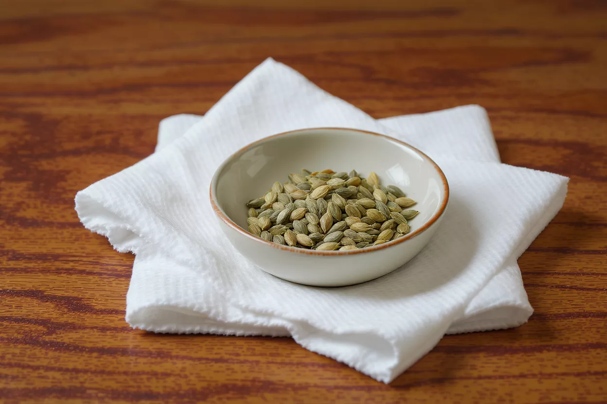 Small white bowl filled with green cardamom pods on a white napkin.