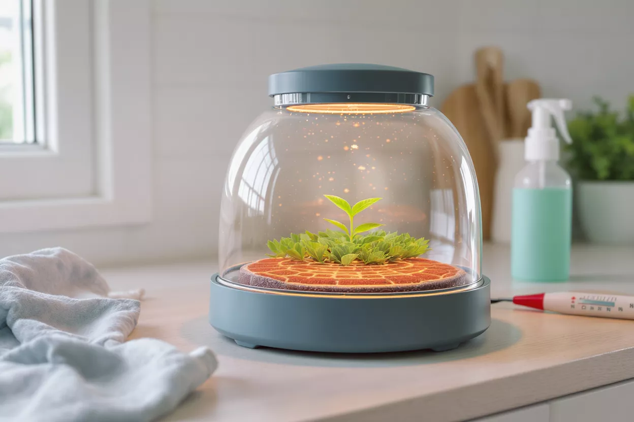 A smart indoor garden with a small plant growing under a glass dome.