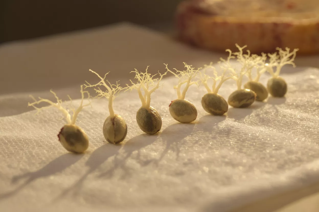 Seven germinating seeds with white root structures lined up on a white cloth.