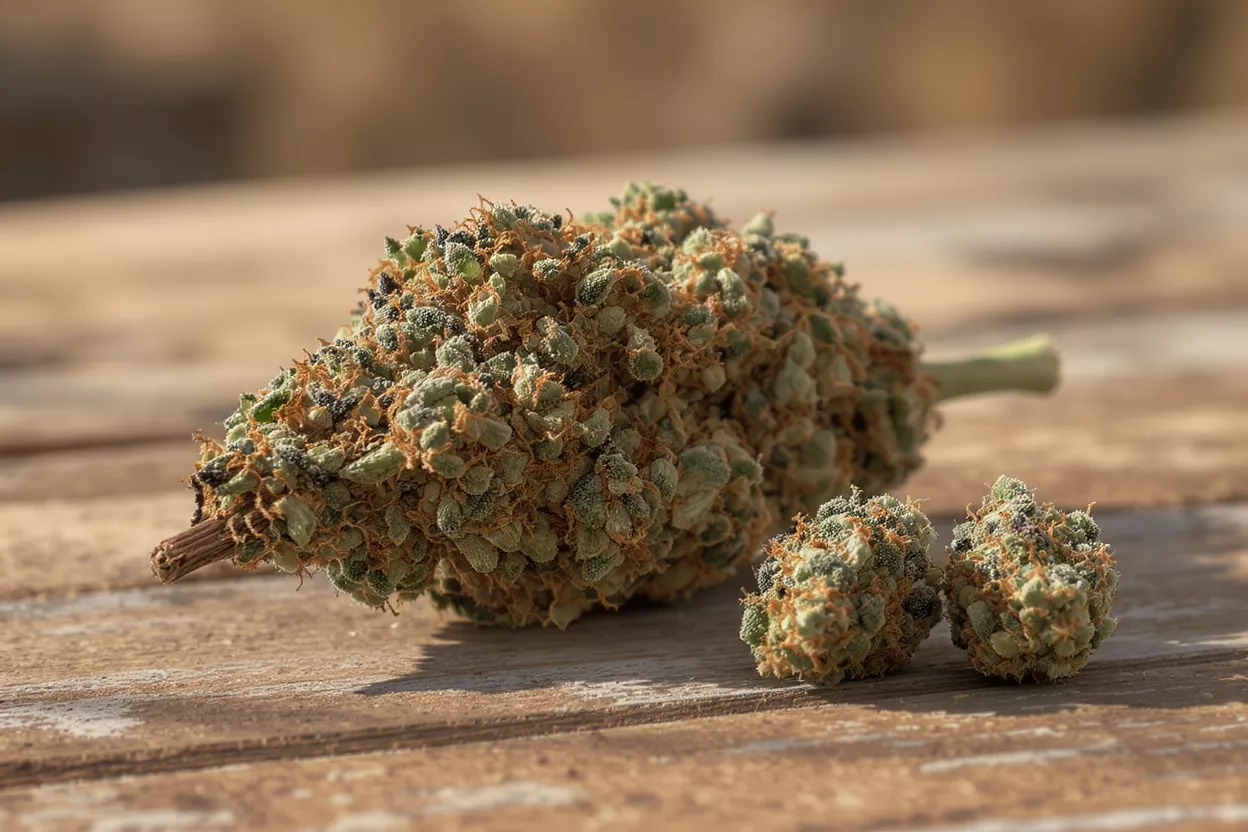 Close-up of a large cannabis bud and two smaller buds on a wooden surface.