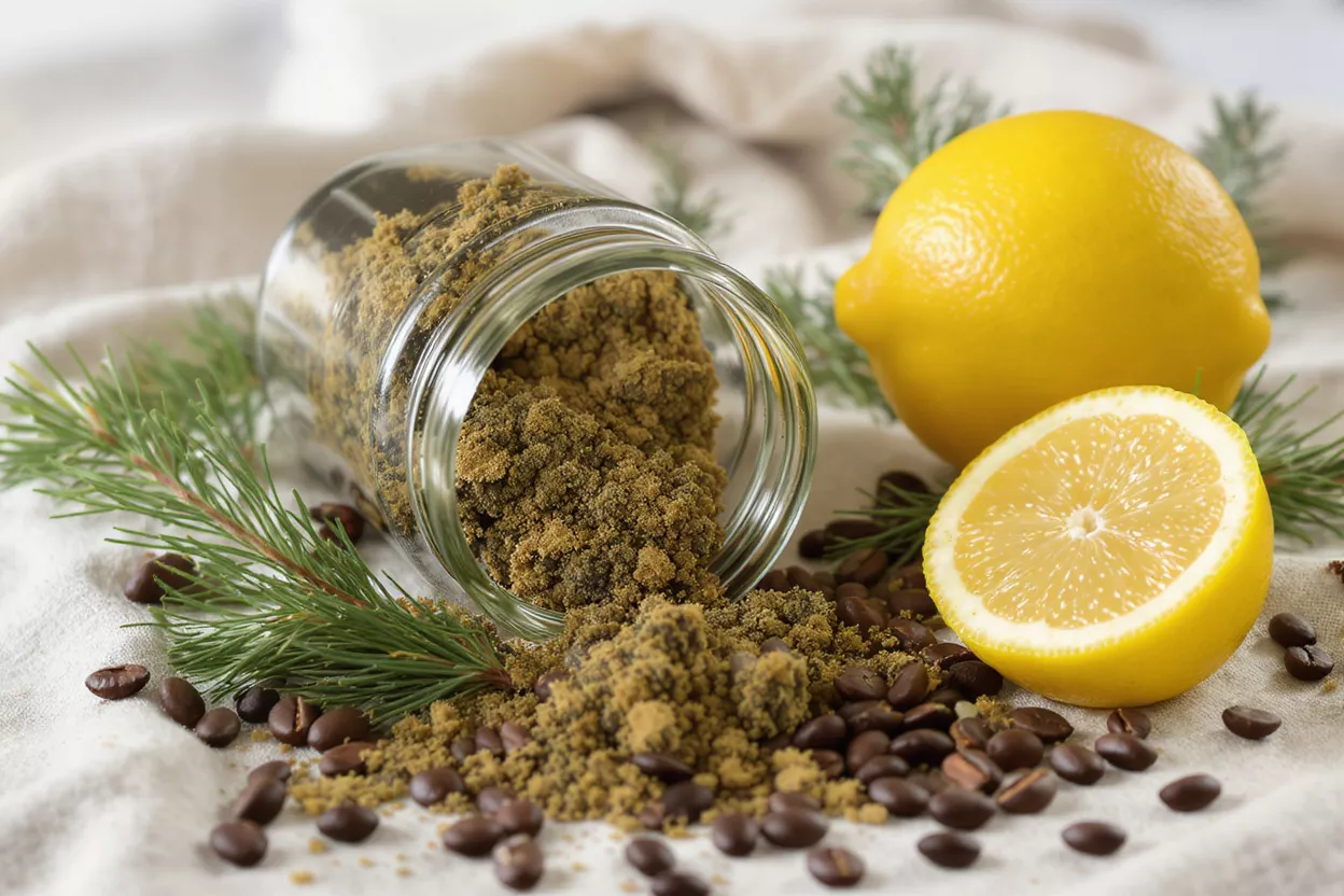 Coffee scrub spilling from jar, with lemons, coffee beans, and pine needles.