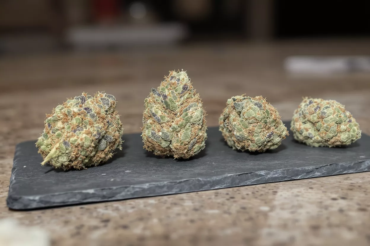Four vibrant cannabis buds with orange hairs and purple hues on a dark slate tray.