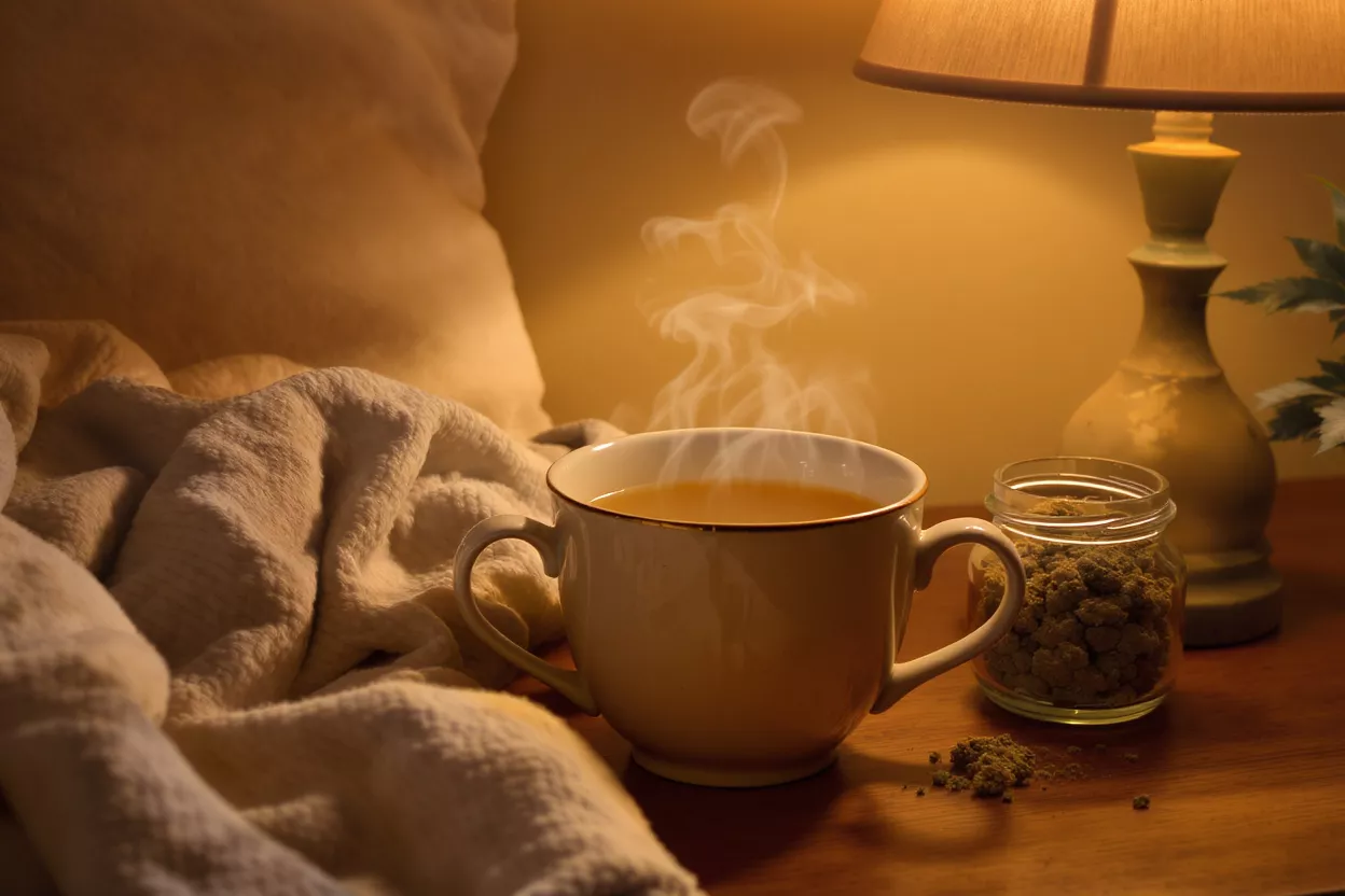 Steaming cup of tea next to a jar of herbs on a wooden nightstand.