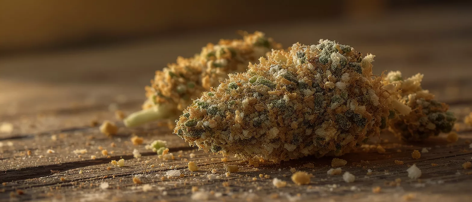 Close-up of two cannabis buds heavily coated in kief and crumbs on a wooden surface.