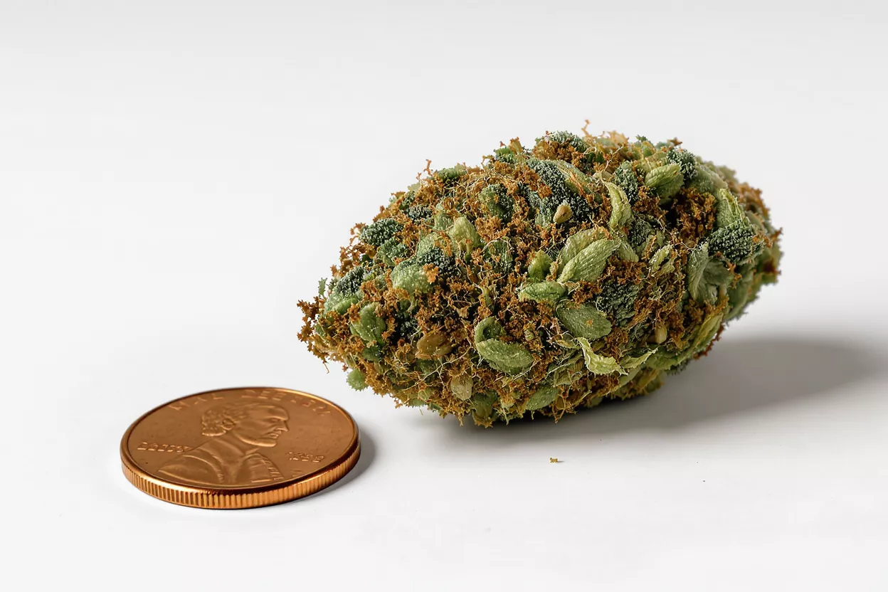 A cannabis bud next to a penny on a white background, showing scale.