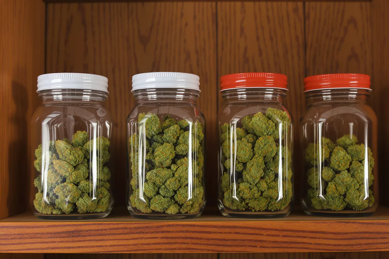 Four glass jars filled with green cannabis buds on a wooden shelf.
