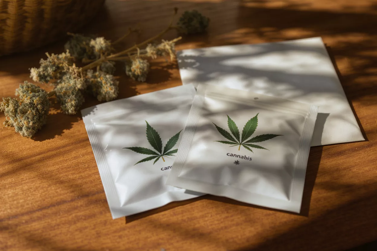 Two white cannabis product bags with leaf logo and dried cannabis buds.