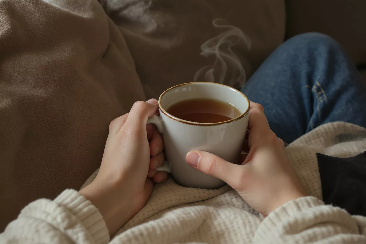 Hands holding a steaming mug of tea, person wearing a cozy sweater.