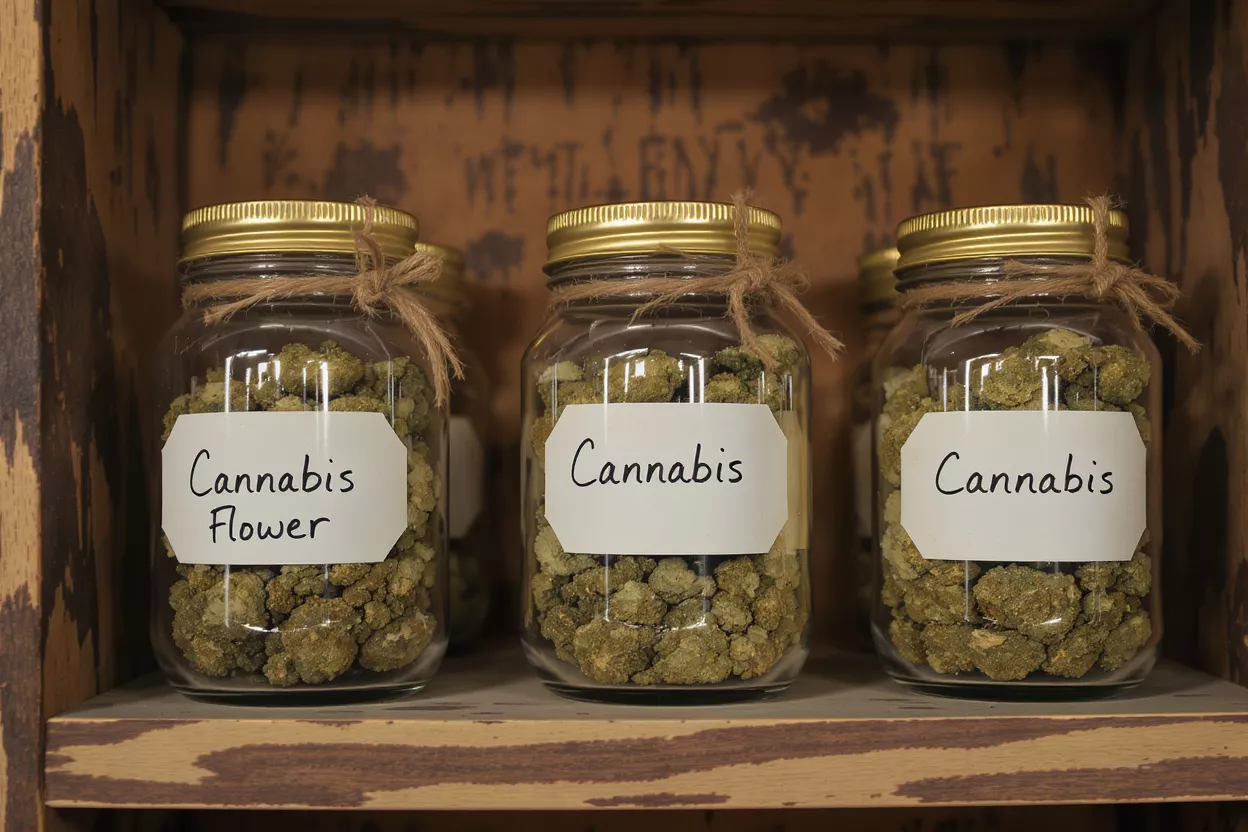 Three glass jars filled with cannabis flower, labeled, on a wooden shelf.
