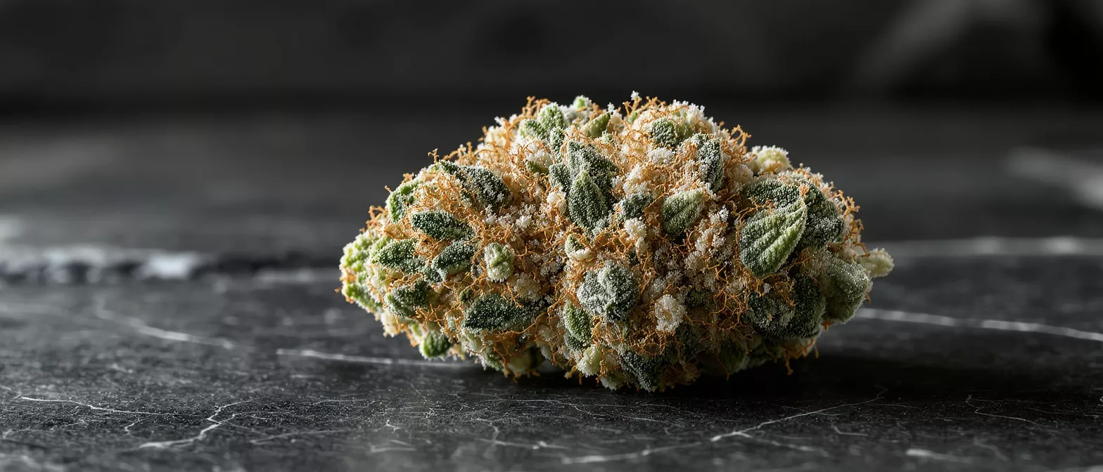 Close-up of a vibrant cannabis flower bud with trichomes and orange hairs.