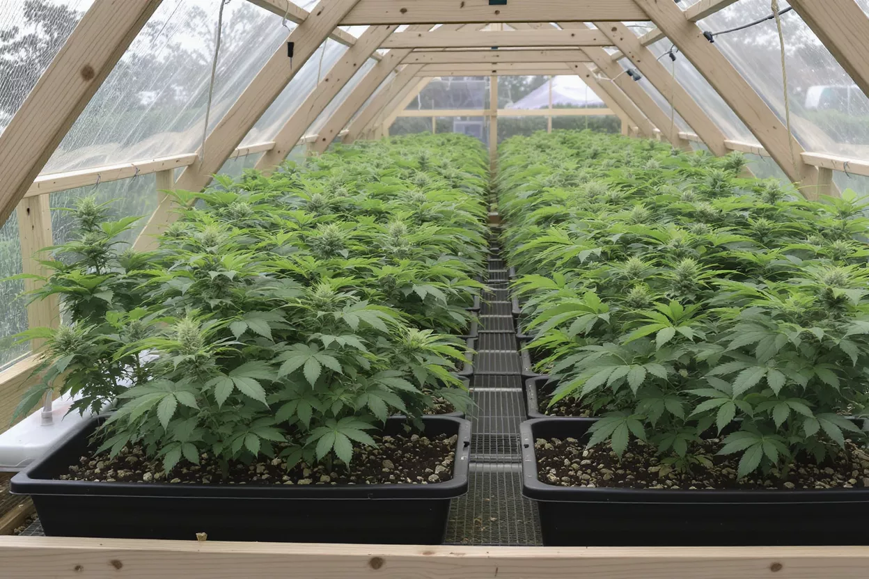 Rows of vibrant green cannabis plants growing in a greenhouse.