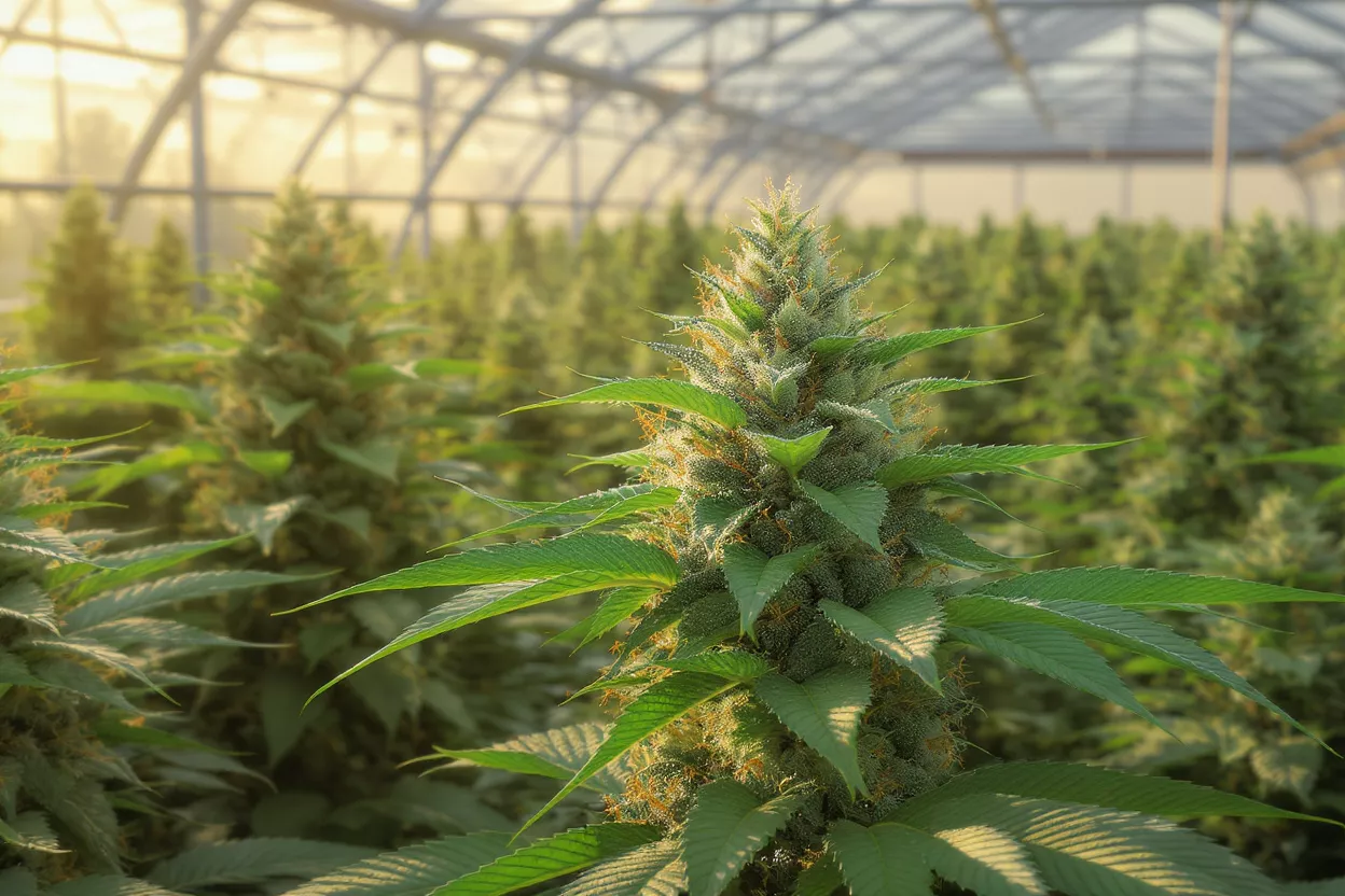 Close-up of a vibrant cannabis plant bud in a sunlit greenhouse.