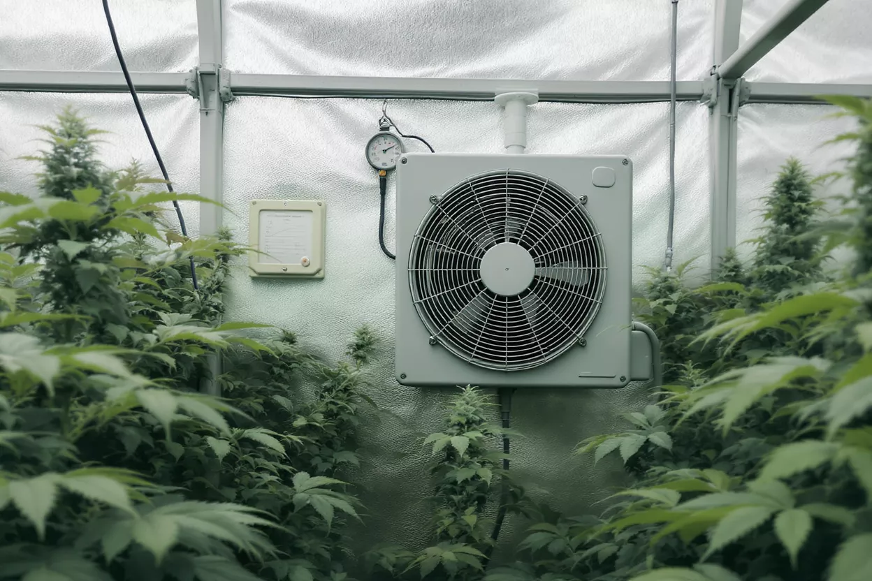 Ventilation fan and gauge in a cannabis grow room with lush green plants.