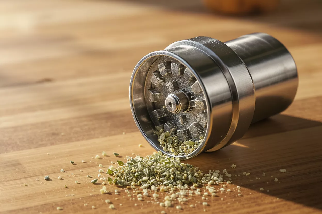 Close-up of a metal grinder with ground herbs spilling onto a wooden table.