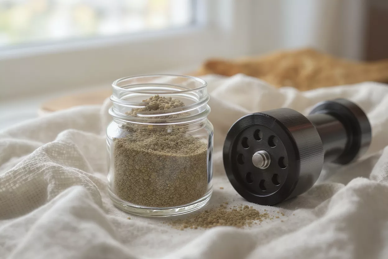 A glass jar of ground herbs next to a black grinder on a white cloth.