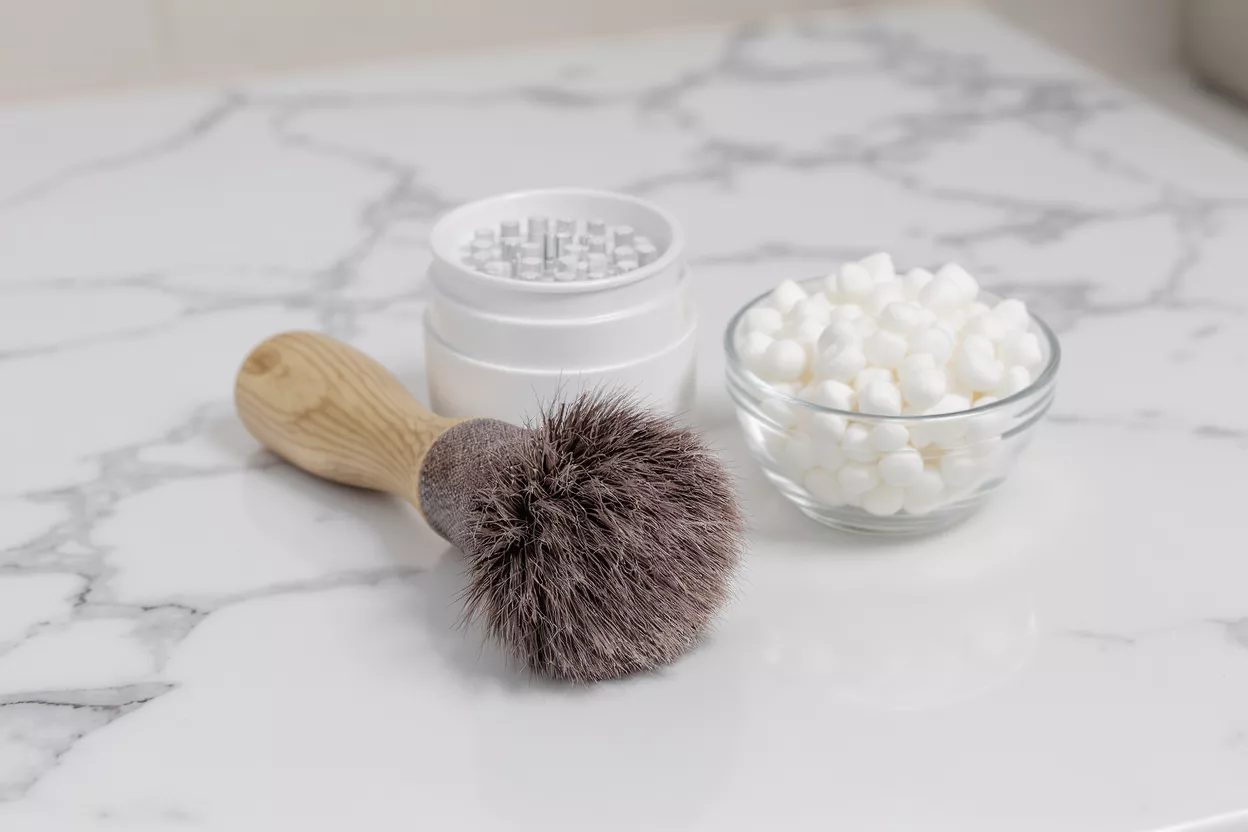 Shaving brush, white container, and cotton balls on a white marble surface.