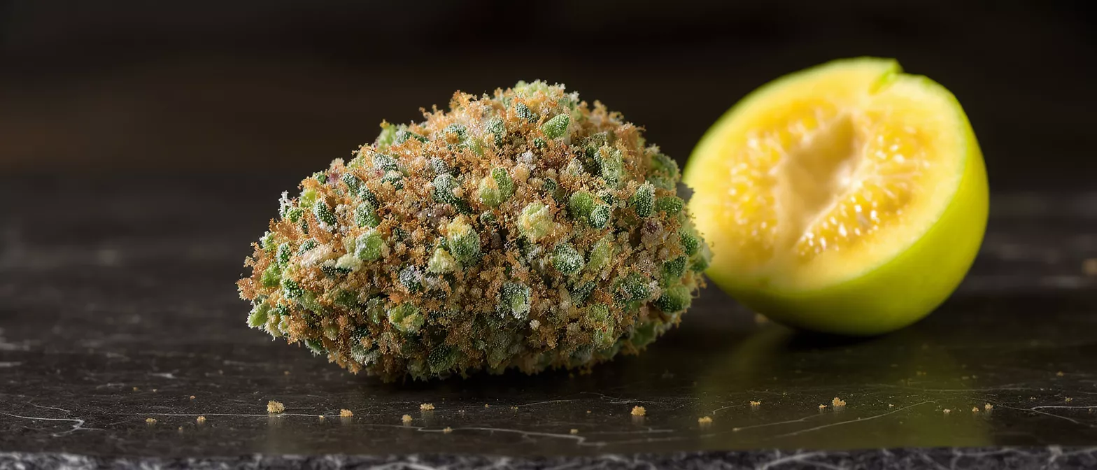 Close-up of a cannabis bud covered in trichomes next to a sliced lime.