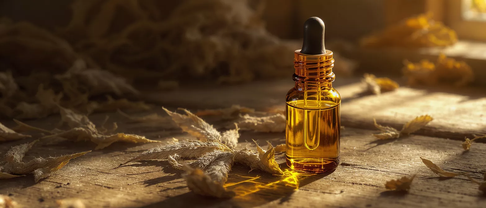 Amber glass bottle with dropper surrounded by leaves