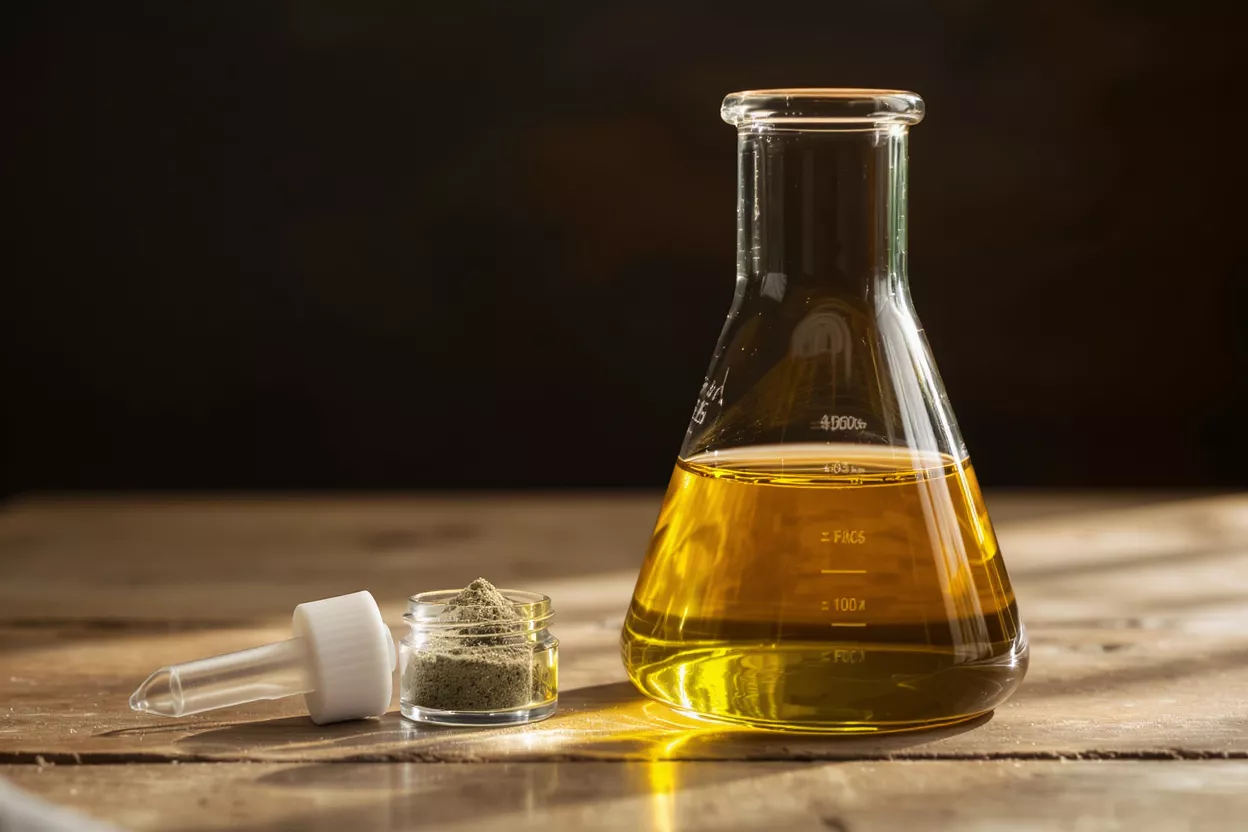 Glass flask with yellow liquid and powder container