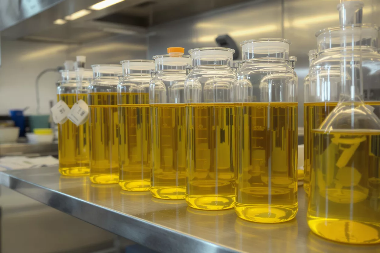 Row of glass beakers filled with yellow liquid on a stainless steel counter.