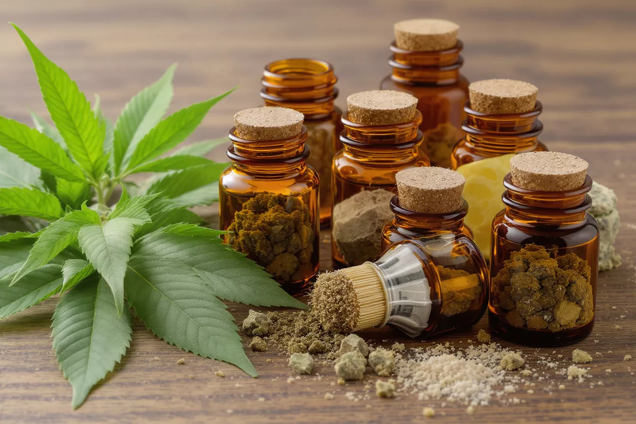 Amber bottles with cannabis extracts, green leaves, and powdered kief on wood.