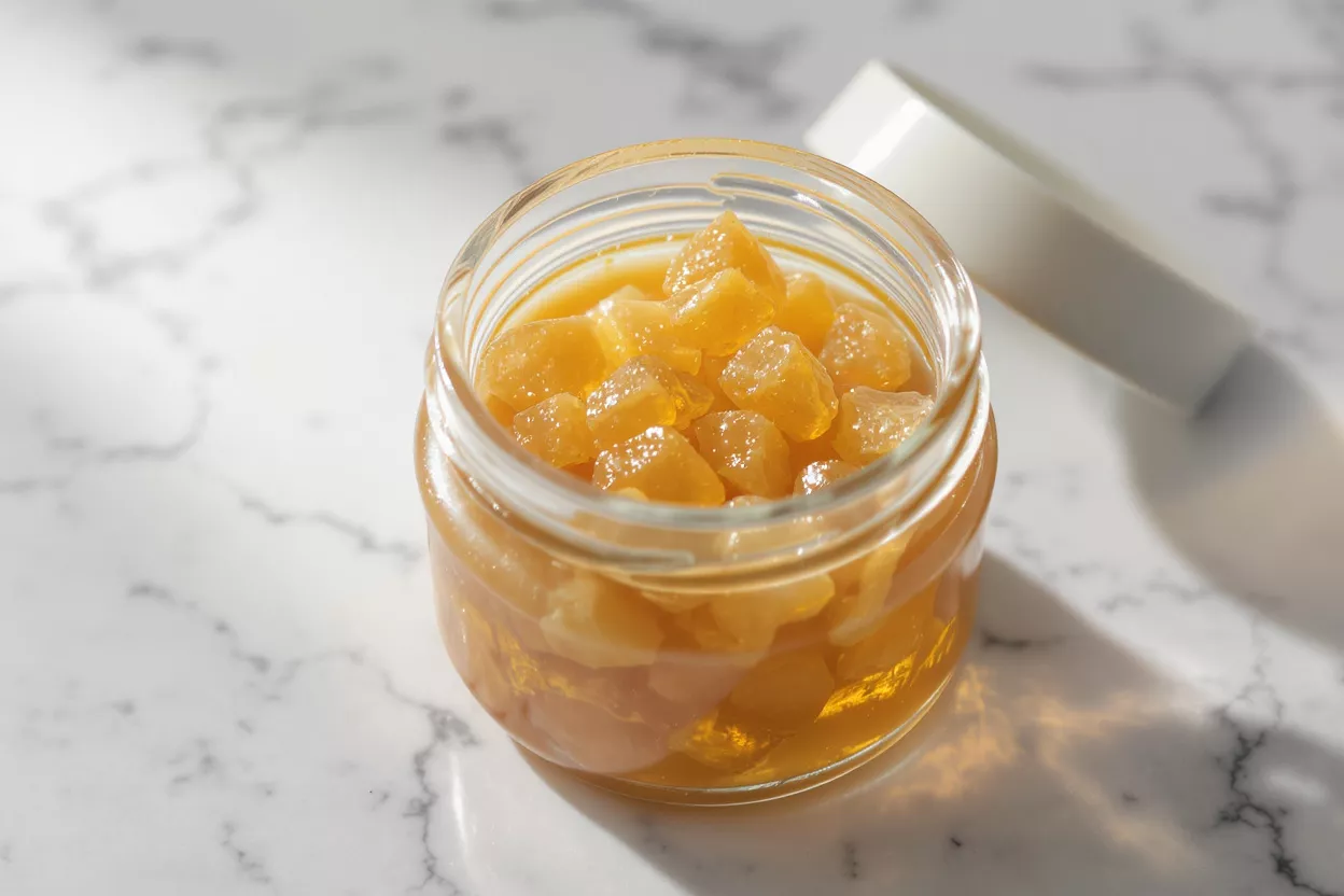 Small glass jar filled with glistening candied ginger pieces on a marble surface.