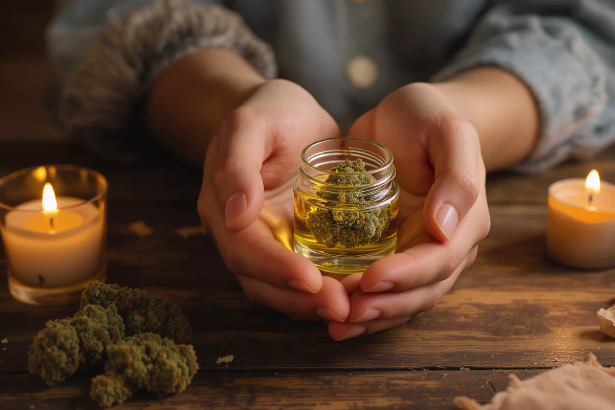 Hands holding a small jar of cannabis buds in oil, with candles and more buds.
