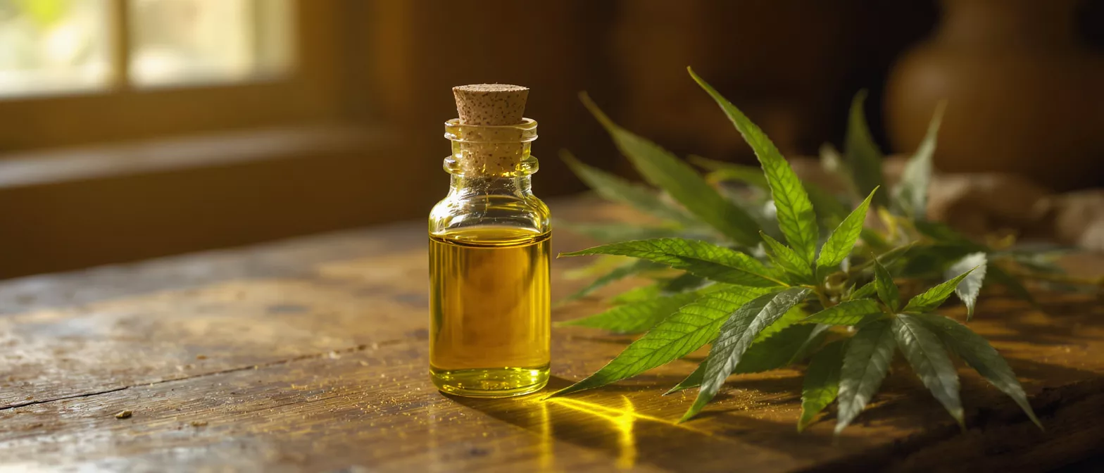 A small glass bottle of cannabis oil beside green leaves