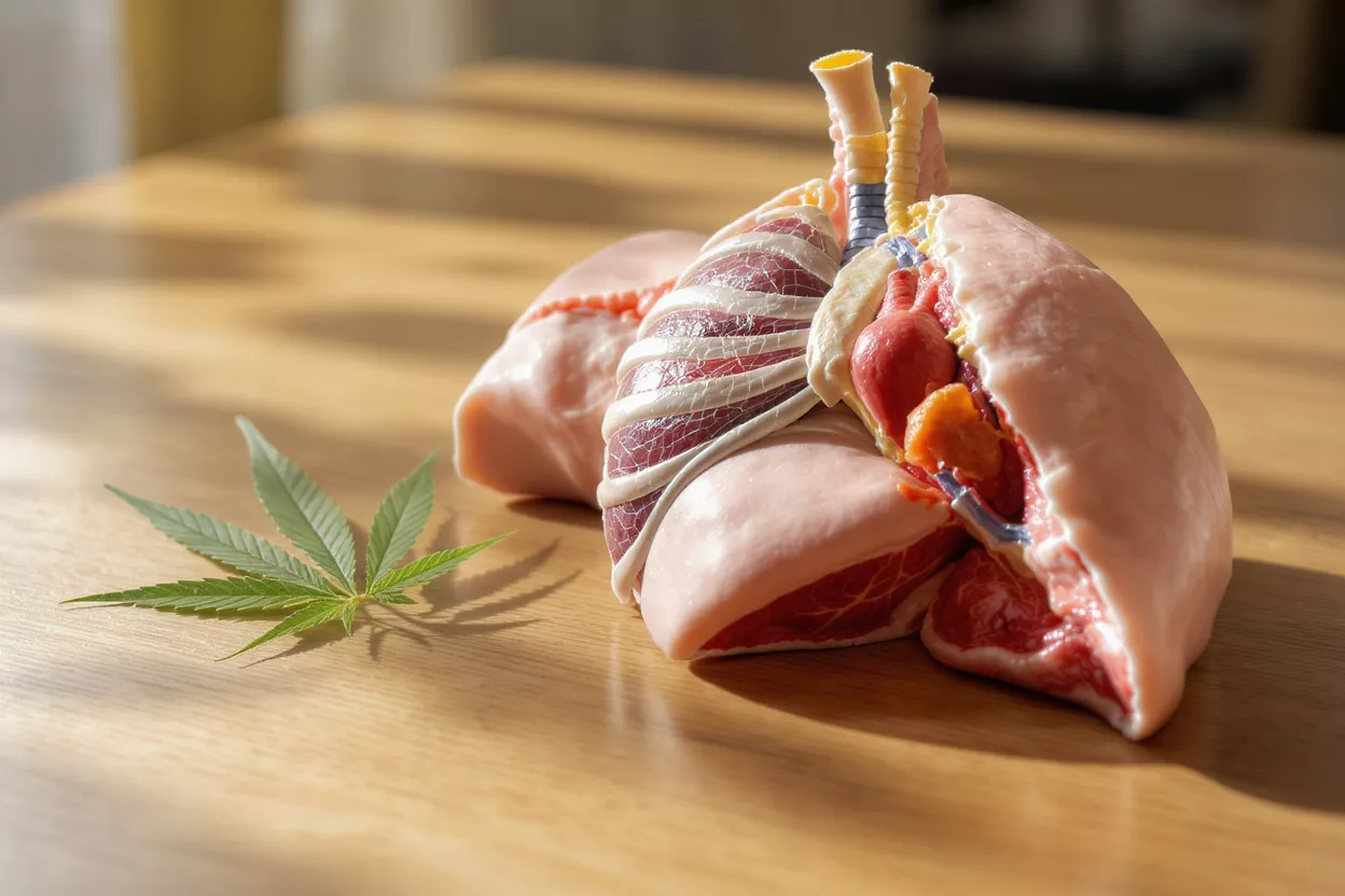 Model of lungs with cannabis leaf on wooden surface