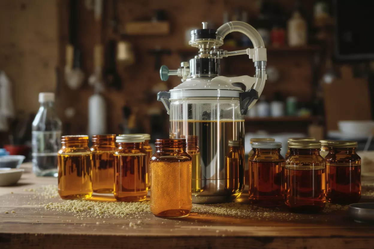 A lab setup with an oil extractor and multiple amber bottles filled with oil.