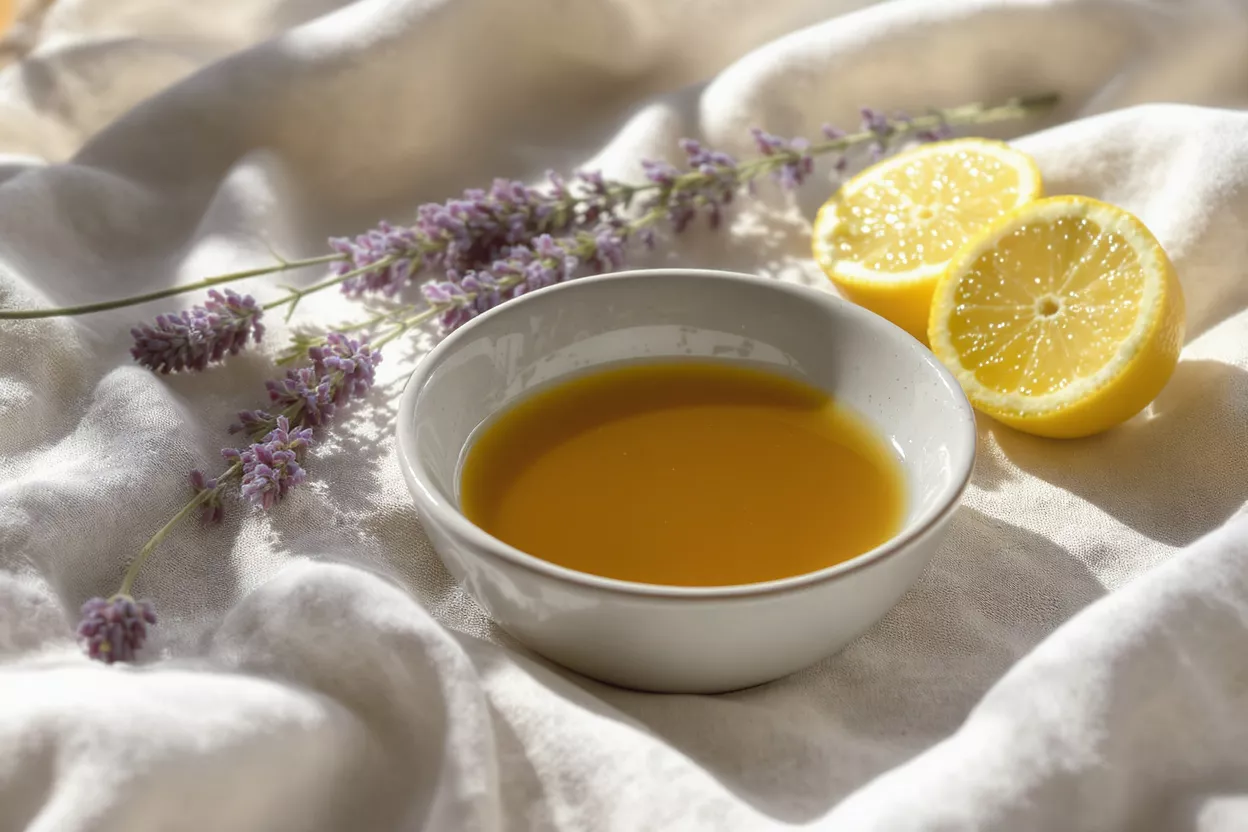 A bowl of honey, lavender sprigs, and lemon halves on a white cloth.