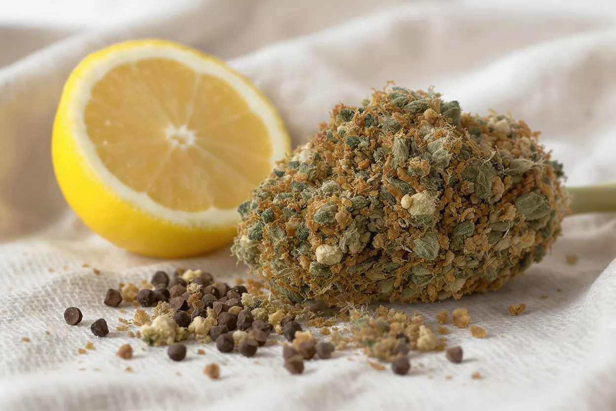 A lemon half, a large herb mix, and small pellets on a white cloth.